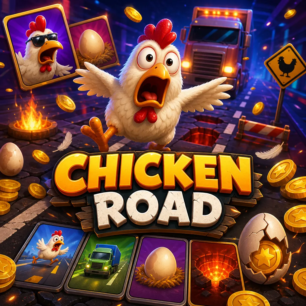 Bright and dynamic Chicken Road slot promo image featuring funny chicken crossing a road, vibrant colors, and playful symbols